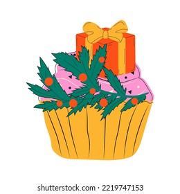 Pasteles con un regalo y un árbol de Navidad.  Ilustración vectorial de diseño plano.Dibujo gráfico