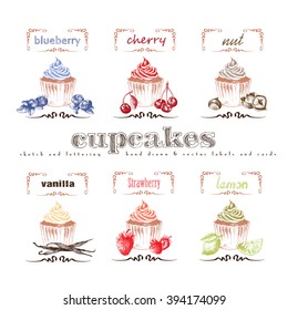 Cupcakes hand drawn collection. Vector vintage illustration with cherry, blueberry, vanilla, nut, strawberry, lemon and letter elements