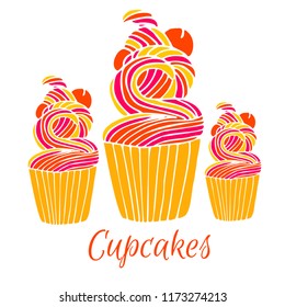 Cupcakes in hand drawn style. Vector cakes isolated on a white background.