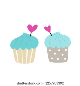 Cupcakes with heart decoration. Vector illustration for Valentine's Day.