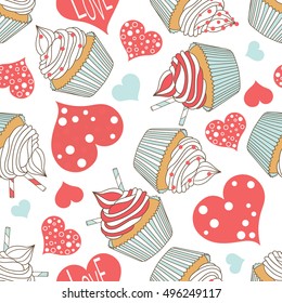 Cupcakes and hearts hand drawn seamless pattern. Doodle background collection confections. Icon set on white backdrop vector. Good for printing, decorative wallpaper design. Romantic ornament