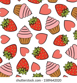 
Cupcakes, hearts and strawberries. Texture for Valentine's Day. On a white background color images of strawberries, hearts and cupcakes. Design element. Vector illustration.