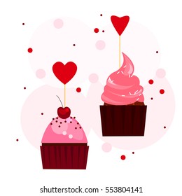 Cupcakes with hearts. Vector illustration.