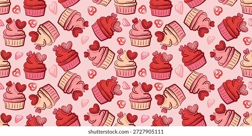 Cupcakes mit Herzen, Vektor nahtloses Muster Design. Nahtloses Vektormuster mit rosa, roten und beigen Cupcakes, die mit Herzen dekoriert sind. Süße Valentinstag Dessert Illustration für Textilien, Gewebe, Verpackungen und Schreibwaren.