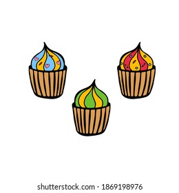 Cupcakes for the holiday. Doodle image of muffins. Flat confectionery image.