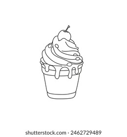 Cupcakes with ice cream and cherries look delicious. children's coloring edition