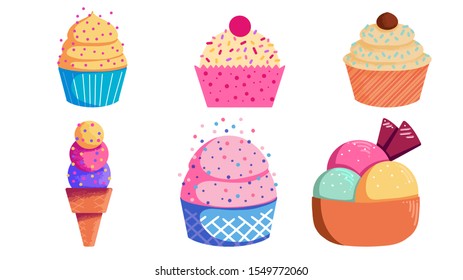 Cupcakes and ice cream dessert vectors