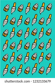 Cupcakes and ice cream pattern on blue background, vector illustration