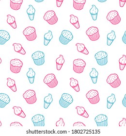 Cupcakes and ice cream. Seamless background. Seamless vector pattern.