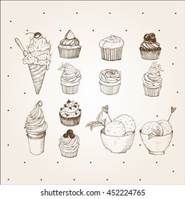  Cupcakes and ice creams set performed in vintage style. Hand drawn illustration. It can be used for design menu or greeting cards, packaging