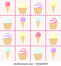 Cupcakes and icecreams. Set of sweet cupcakes and ice-creams. 