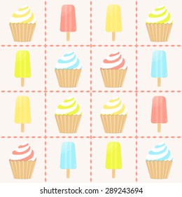 Cupcakes and icecreams. Set of sweet cupcakes and ice-creams. Menu element for cafe or restaurant with sweets. Vector illustration.