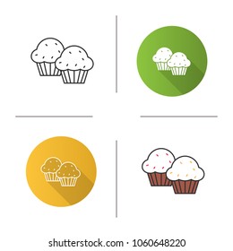 Cupcakes icon. Muffins. Flat design, linear and color styles. Isolated vector illustrations