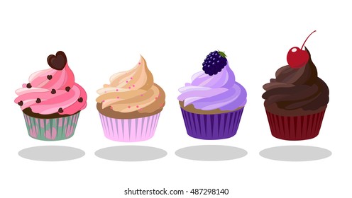 Cupcakes icon set. Strawberry, Creme Brulee, Blackberry, Dark Chocolate taste. Decorated with heart-shaped chocolate, blackberry, cherry. Pink, brown, purple color. Vector illustration.