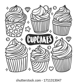 Cupcakes Icons Hand Drawn Doodle Coloring Vector