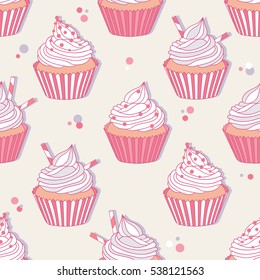 Cupcakes icons hand drawn seamless pattern. Colorful background with collection of confectionery. Decorative wallpaper, good for printing. Romantic ornament, backdrop design