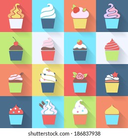 Cupcakes icons set in flat style.