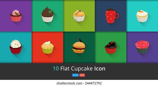 Cupcakes icons set in flat style. Vector application Food set. Fast food colorful flat design icons set. Elements for web and mobile applications. Ten yummy desserts, cupcakes with fruit, cream, berry