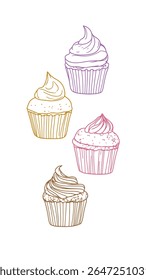 Cupcakes ilustração set line art. Doce sobremesas doces pastelaria confecção esboço. Projeto do menu do restaurante do café da comida. Contorno vintage branco vetor de fundo