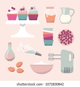 Cupcakes ingredients and utensils, glass jar with jam, jug of milk, berries, culinary bag, mixer, bowl, eggs, cake molds. Flat design.