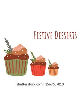Cupcakes isolated on white background. Yummy dessert decorated with candy. Hand drawn Christmas vector illustration for cards, banners, web, menu