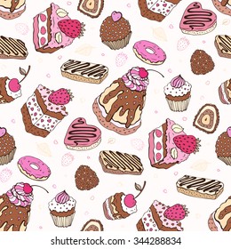 Cupcakes isolated on white. ?ute background. Hand drawn pattern. Seamless vector  illustration. 