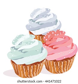 Cupcakes isolated on white background Vector. Colorful delicious dessert background illustration