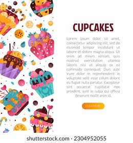 Cupcakes landing page template with text. Confectionery, bakery shop, cafe promotion web banner. Advertising of tasty desserts vector