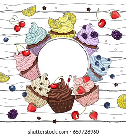 Cupcakes line drawn on striped background.