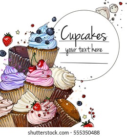 Cupcakes line drawn on a white background. Colorful pastries with cream. Vector sketch