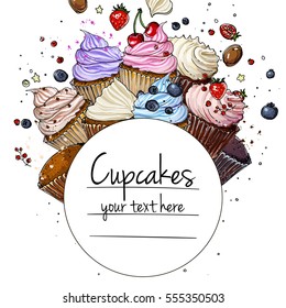 Cupcakes line drawn on a white background. Colorful pastries with cream. Vector sketch