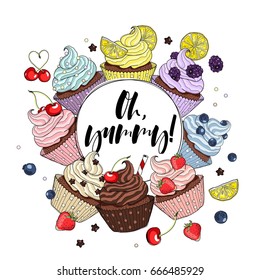 Cupcakes line drawn on a white background. Vector sketch.