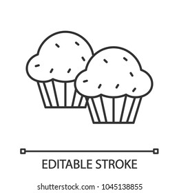 Cupcakes lineares Symbol. Dünne Illustration. Muffins. Contour-Symbol. Vektor-einzelne Rahmenzeichnung. Bearbeitbarer Hub