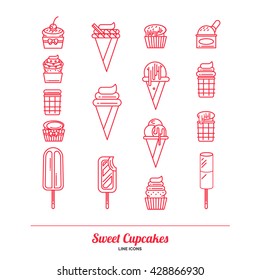 Cupcakes lines icon set in pink color with some different yummy and delicious sweets vector illustration