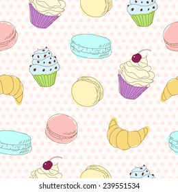 Cupcakes, macaroons and croissant seamless vector pattern on polka dot background. Funny doodle sketch in pastel colors.