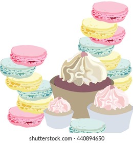 Cupcakes and Macaroons Vector. Colorful dessert background illustration