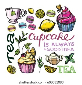Cupcakes and macaroons.Hand drawn doodle tea cup with cake.  Vector illustration.
