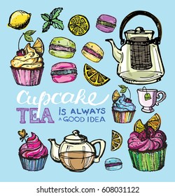 Cupcakes and macaroons.Hand drawn doodle tea cup with cake.  Vector illustration.