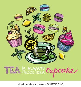 Cupcakes and macaroons.Hand drawn doodle tea cup with cake.  Vector illustration.