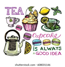 Cupcakes and macaroons.Hand drawn doodle tea cup with cake.  Vector illustration.