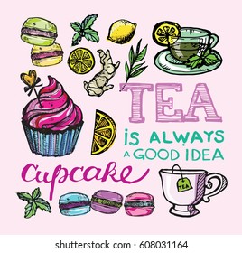 Cupcakes and macaroons.Hand drawn doodle tea cup with cake.  Vector illustration.