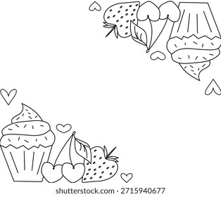 Cupcakes y muffins con cereza y fresa rectángulo marco de San Valentín. Vector gráfico línea ilustración en blanco y negro. Gráficos del marco de la panadería, borde de la revista de la comida, menú del sitio del té.