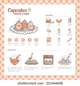 Cupcakes and muffins classic hand drawn recipe with ingredients, preparation and icons set svg