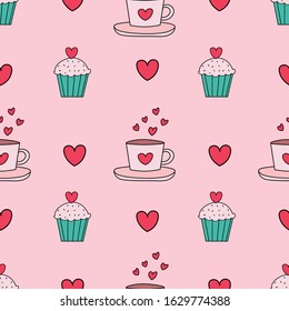 Cupcakes, muffins, hearts, and teacup seamless repeat pattern.Valentine's day seamless repeat pattern.