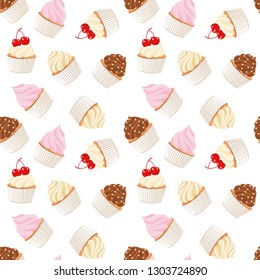 Cupcakes and muffins. Pastry background. Seamless pattern. Vector Illustration