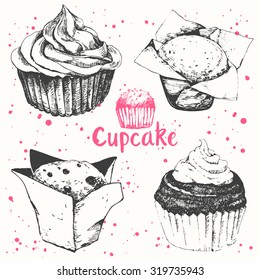 Cupcakes and muffins. Set of hand drawn cakes. Vector illustration with sketch baking. Fresh organic food. Cafe menu.