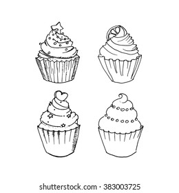 Cupcakes and muffins. Set of hand drawn cakes. Vector illustration