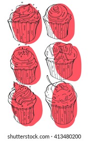 Cupcakes and muffins. Set of hand drawn cakes. Vector illustration with sketch baking. Fresh organic food. Cafe menu.