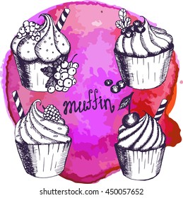 Cupcakes and muffins. Set of hand drawn cakes. Vector illustration with sketch baking. Fresh organic food. Cafe menu. On watercolor background. Elements for menu design. 
Four object.  Muffins. Red.