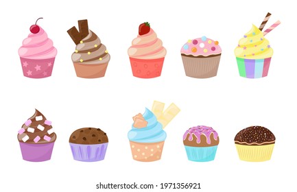 Cupcakes and muffins set isolated on white background. Sweet desserts collection. Vector flat illustration. 